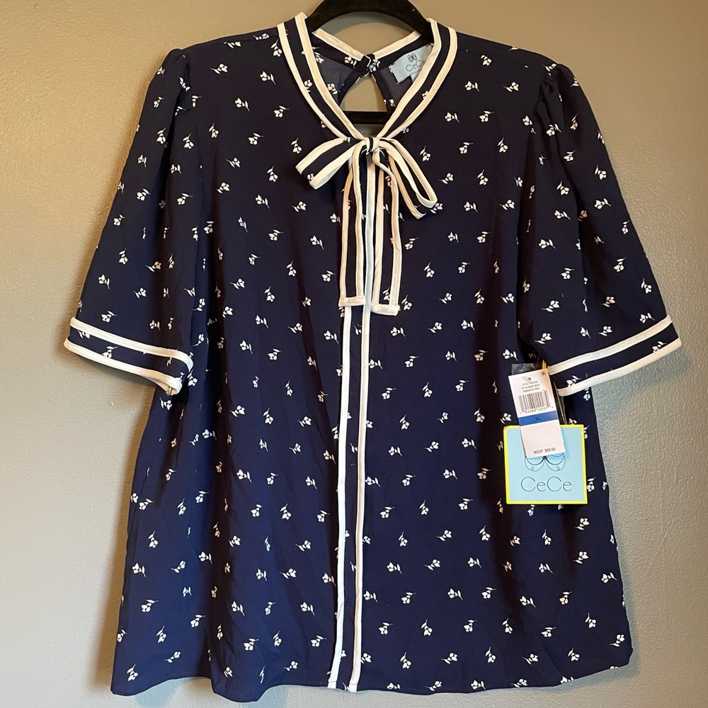 CeCe Navy and White Blouse